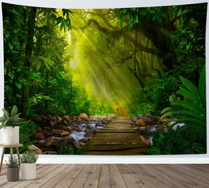 Regenwald Sonnenschein durch grünen Wald Wandteppich für Schlafzimmer Wohnzimmer Schlafsaal - Bild 1 von 13