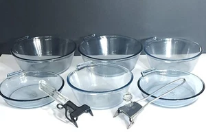 Vintage 1940s Blue Pyrex Glass Flameware Cookware Made in USA Set of 6 Saucepan - Picture 1 of 8