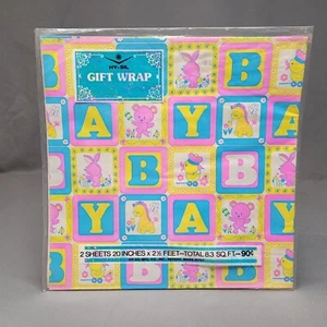 VINTAGE HY-SIL Confezione Regalo Bambino Carta 2 Fogli Blu Rosa Giallo Animali - Foto 1 di 7