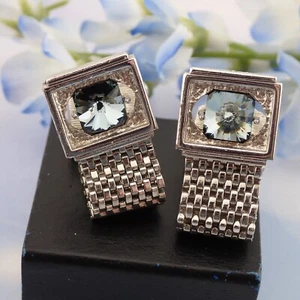 Swank Blue Point Up Crystal Rhinestone Silver Tone Mesh Wrap Around Cufflinks - Picture 1 of 5