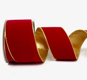 63mm (2.5") wide WIRED EDGE RED/GOLD METALLIC VELVET DOUBLE SIDED RIBBON - Picture 1 of 2