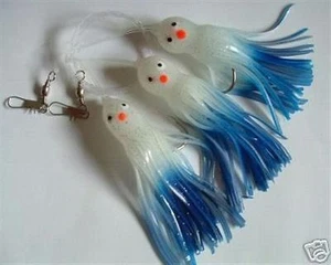 3 Set New Rigged Squid Trolling Fishing Lure 4" glow White/Blue - Picture 1 of 1