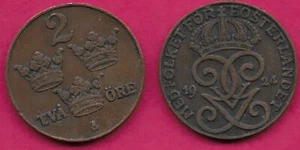 SWEDEN 2 ORE 1924 GUSTAF V CROWNED KINGS MONOGRAM OF KING GUSTAF V OF SWEDENCro - Picture 1 of 1