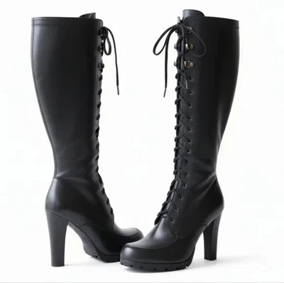 Botas hasta la rodilla Lauren Ralph Lauren Floriane de cuero negro con cordones suela 9,5 M Foto 1 de 4