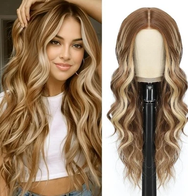 Peluca frontal de encaje HD mezcla cabello humano reflejos ondulado marrón X rubio balayage Foto 1 de 4