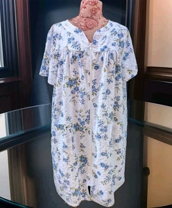 SZ XXL Croft & Barrow Zip Gown Pockets Housecoat Robe Blue Floral Seersucker - Picture 1 of 20