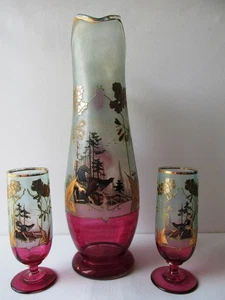 Antiker handbemalter Glaskrug zwei Gläser Böhmisch HARRACH 1880er Birkhuhn - Bild 1 von 15