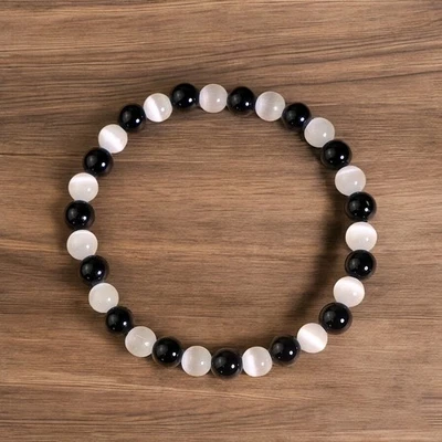 Empath Protection Bracelet 6mm Black Tourmaline Selenite Bracelet Handmade Gift - Image 1 of 2