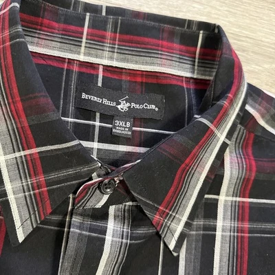 Beverly Hills Polo Club Men’s Button-Up Plaid Shirt Black Red Gray 3XLB - Image 1 of 3