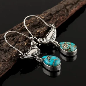 Blue Turquoise Gemstone Erring's 925 Sterling Silver Handmade Dangle Erring's. - Picture 1 of 3