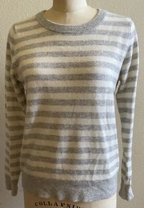 C & C California 2-ply Cashmere Sweater Medium Striped Gray White Pullover EUC - Picture 1 of 4