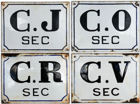 Four old French enamel steel wine bin rack cellar barrique barrel cave labels Cover