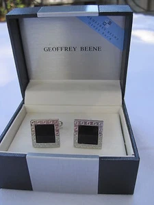 New Geoffrey Beene Silver-Tone Modern Cufflinks w/ Black Onyx Stones, $35 Retail - Picture 1 of 7