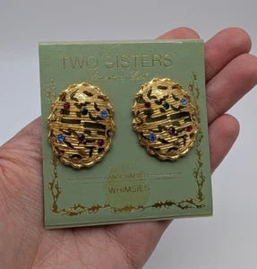 Vintage Two Sisters Gold Tone Oval Cut Colorful Glass Rhinestone Clip Earrings - Picture 1 of 5