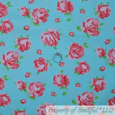 BonEful Fabric FQ Cotton Quilt VTG Aqua Blue Red Pink Rose Bud Flower Green Leaf - Image 1 of 4