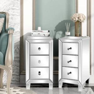 Set of 2 Nightstand Mirrored Bedside Table 3 Drawers Crystal Bedside Table - Picture 1 of 9