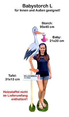 95 cm SET Babystorch & MÄDCHEN & Tafel für draußen Geburt Storch-Holz Holzstorch - Bild 1 von 3