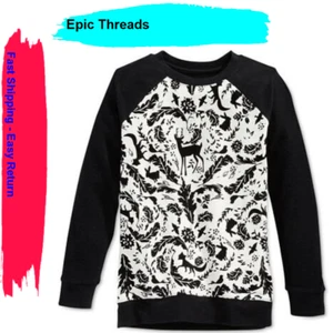 Epic Threads Girls Flocked Raglan Sleeve Knit Sweatshirt, White/Black , Size M - Picture 1 of 1