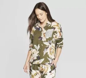 NWT Womens Stars Above Pajama Top Size Large Long Slv Button Front Green Floral - Picture 1 of 18