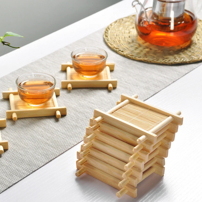 100% Bamboo Wood Trays For Tea Trays 7cm*7cm Creative Word Jing Concave Cup Mat - Image 1 of 4