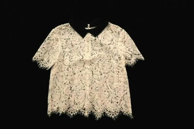 Silvian Heach White Lace Short Sleeve Top with Black Lace Collar, Size M, NWT - Image 1 of 4