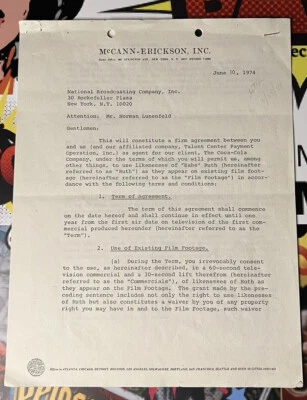 BABE RUTH 1974 NBC COCA-COLA CONTRACT SIGNED PSA/DNA COA BY MRS. GEORGE H RUTH - Image 1 of 4
