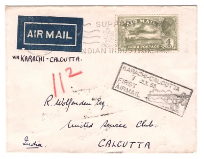 INDIA Air Mail Cover FIRST FLIGHT Karachi Calcutta 1933{samwells-covers}MA1361 - Image 1 of 4