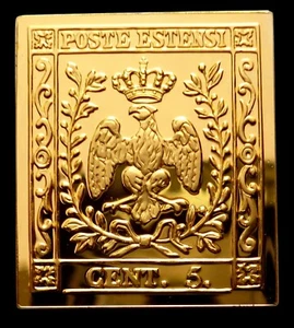 Italy - Modena 5 Centesimi Stamp 1852 24 Kt Gold Plated on Silver - Proof Rare - Picture 1 of 2
