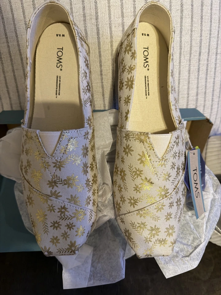 Toms Feminino Alpargata Flats Flores Florais Folha de Ouro Natural Tamanho 9.5 Novo na Caixa - Imagem 1 de 4