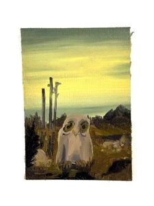 Aceo Original Art Card Oil Painting Owl Sculpture Ghost Halloween Nature Mikah - Picture 1 of 5