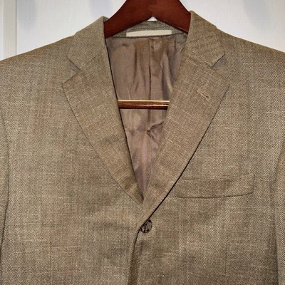 Burberry Tostado Beige Espiga Seda Lino Mezcla Hombres Traje Chaqueta Blazer Abrigo 38R Foto 1 de 4