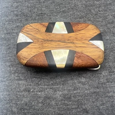 复古 70 年代木质镶嵌皮带扣珍珠母现代设计 3 X 2 棕色 — 第 1/4 张图片