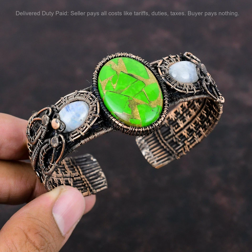 Brazalete Brazalete Hija Piedra Lunar Arco Iris Turquesa Verde Cobre Natural Cobre Foto 1 de 4