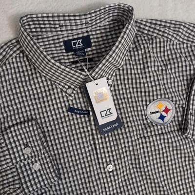 NEW Pittsburgh Steelers 1XB White Gray Plaid L/S Button Down Cutter&Buck Stretch - Image 1 of 4
