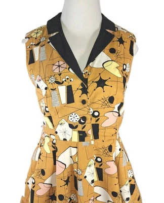 Vestido de Algodón Modcloth X Dupenny XLarge XL MCM Atomic Mod Dorado Negro Ajuste y Acampanado Foto 1 de 4