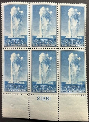U.S. Scott #744, Lower Sheet PB of 6, Yellowstone, Wyoming Issue, F-VF, MNH - Image 1 of 2