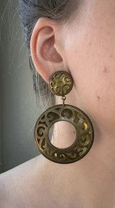 Vintage Brass Round Dangle Clip On Earrings - Picture 1 of 3