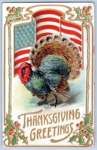 BANDERA PATRIÓTICA DE PAVO SALUDOS DE ACCIÓN DE GRACIAS DE 1910 POSTAL VICTORIANA EN RELIEVE - Imagen 1 de 2