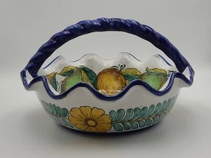 Large Majolica Traditional Guanajuato Mexico Pottery Basket w Ribbon Handle 16" - Picture 1 of 10