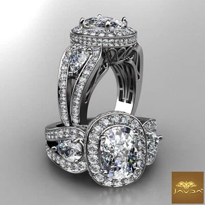 3.37ctw Vintage 3 Stone Halo Pave Cushion Diamond Engagement Ring GIA E-VS1 Gold - Picture 1 of 11