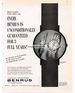 BENRUS Armbanduhr Herren Damen Silhouette Vintage Ad von 1961  - Bild 1 von 1