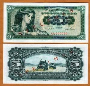 Exemplar, Jugoslawien, 5 Dinara, 1965, P-77s, UNC - Bild 1 von 1
