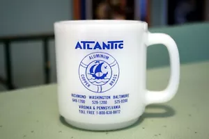 Glasbake USA Milk Glass Advertising Mug Atlantic Marine Metals Blue White - Picture 1 of 3