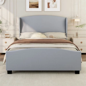 King Size Modern Comfort Upholstered Bed Frame with Wingback Headboard-Gray - Picture 1 of 11