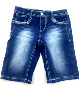 Girls Jeans Shorts Denim Size 14 Rhinestones Blue Embroidered Adjustable Waist - Picture 1 of 9