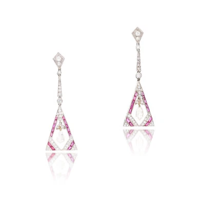 Classic 1920s Art Deco Style Pink Ruby & Lab-Created Diamonds Fancy Earrings - Image 1 of 4