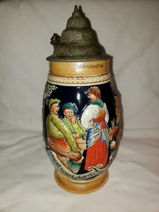 Beer Stein Vintage Germany Marzi Remy Signed 1 L Pewter lid Raised Tavern Scene - Picture 1 of 6