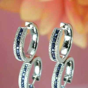 2Ct Round Cut Lab Created Sapphire Huggie Hoop Earrings 14K White Gold Plated - Picture 1 of 4