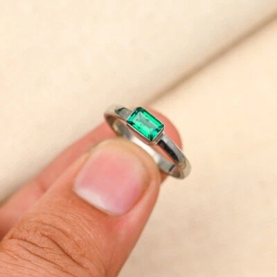 Smeraldo Naturale Gemma Anello,925 Argento Sterling,Solitario Anello,Regalo di - Immagine 1 di 4