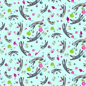 Feline Drive Fabric PURRFECT CHRISTMAS Cats & Ornaments Turquoise By the Yard - Picture 1 of 5